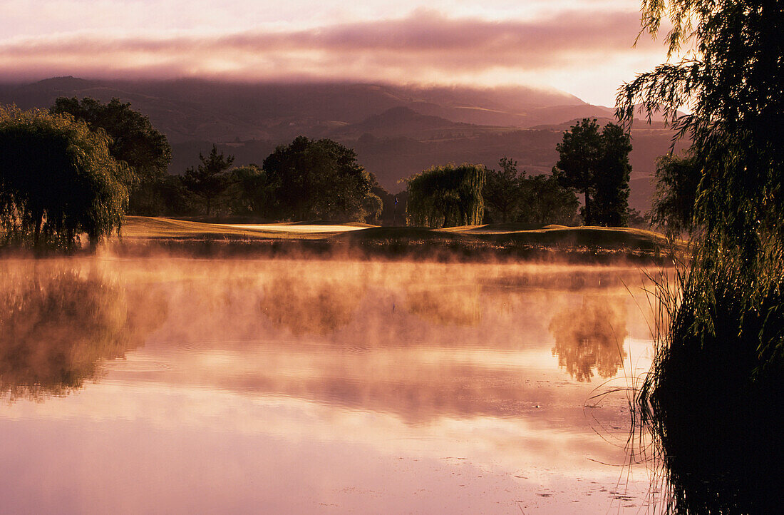 USA, California, Reflections of golf course on misty pond at sunrise; Sonoma