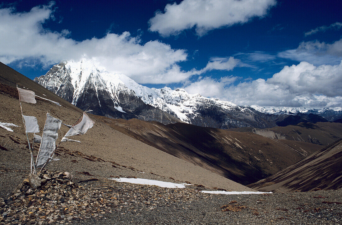 Bhutan, Himalayas, Snow-capped mountains in background; Jarala Pass, Prayer flags on hillside