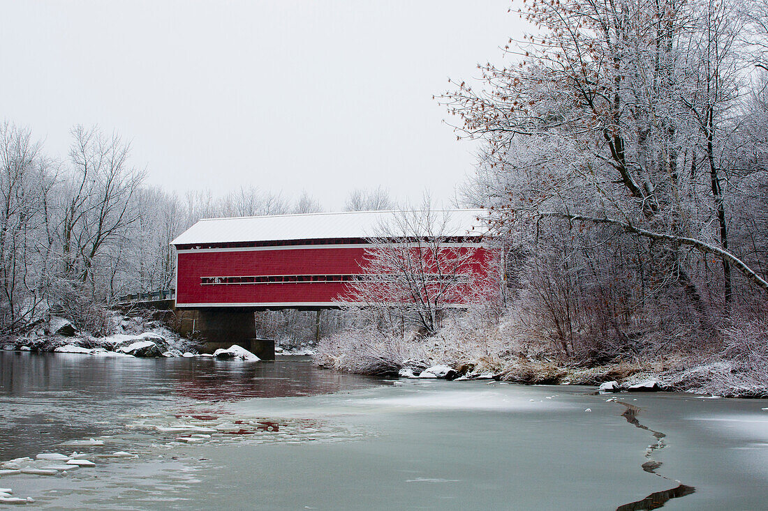 Red Covered Bridge In The Winter; Adamsville Quebec Canada