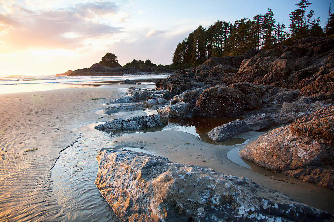 Cox Bay And Sunset Point At Low Tide And At Sunset Near Tofino; British Columbia Canada