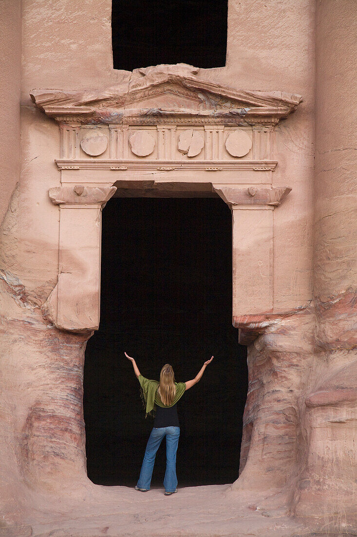 A Woman Tourist Visits The Nabatean Ruins; Petra Jordan