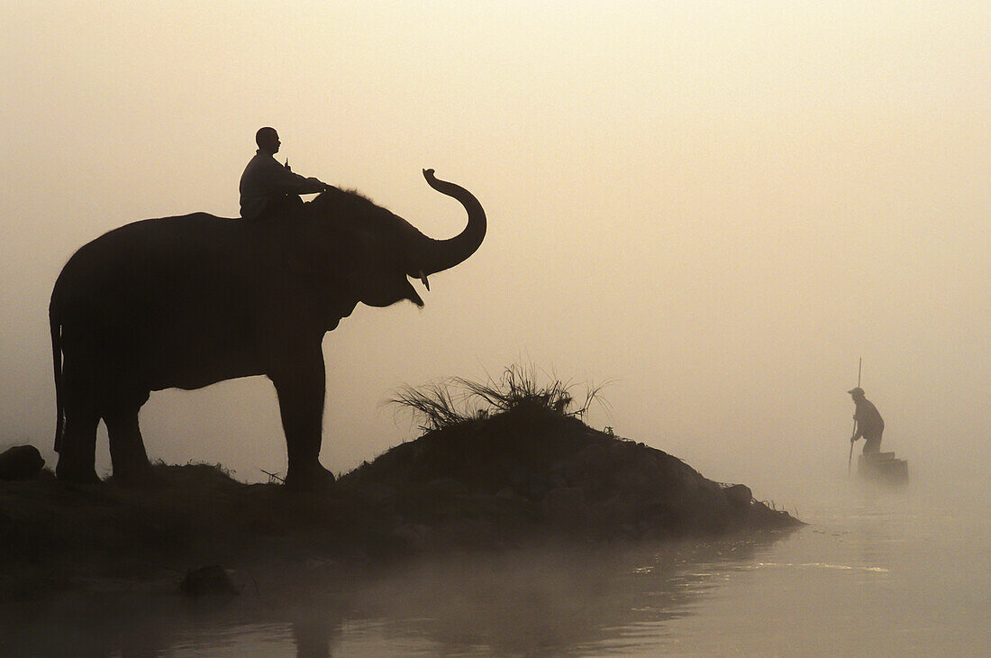 An Elephant With Its Mahout Stand At The Edge Of The Rapti River Near Sauraha And Chitwan National Park As A Man Pushes His Dugout Canoe Along The River; Nepal