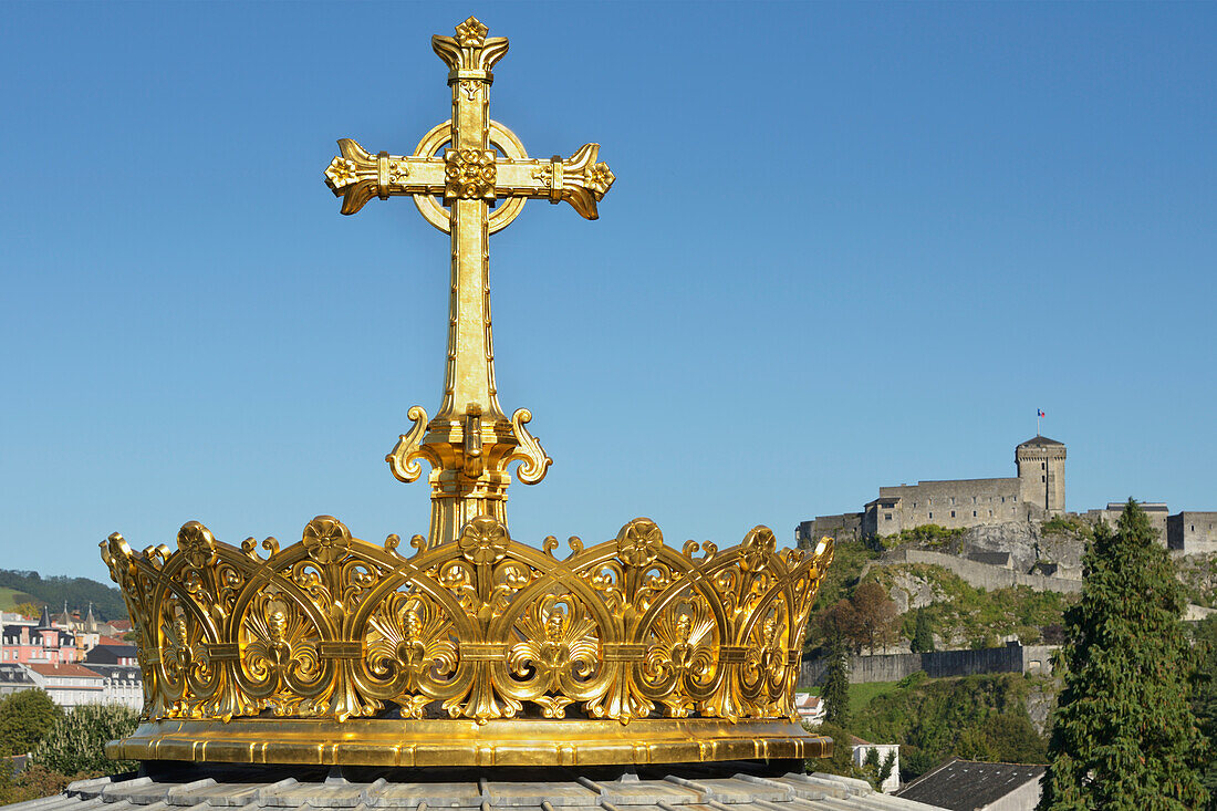 Gold Crown With Cross On Top Of The Cathedral Dome With Castle In Background Sanctuary Of Our Lady Of Lourdes; Lourdes Hautes-Pyrenees France