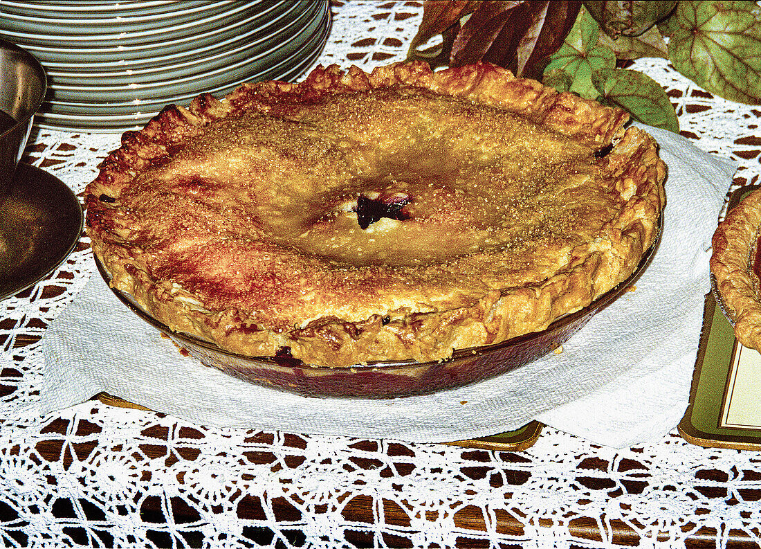 Gebackener Blaubeerkuchen auf Spitzentischdecke