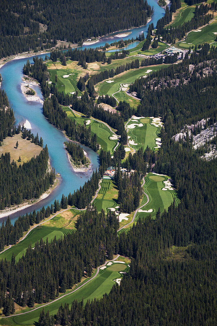 High Angle Of Banff Springs Golf Course Along The Bow River; Banff Alberta Canada