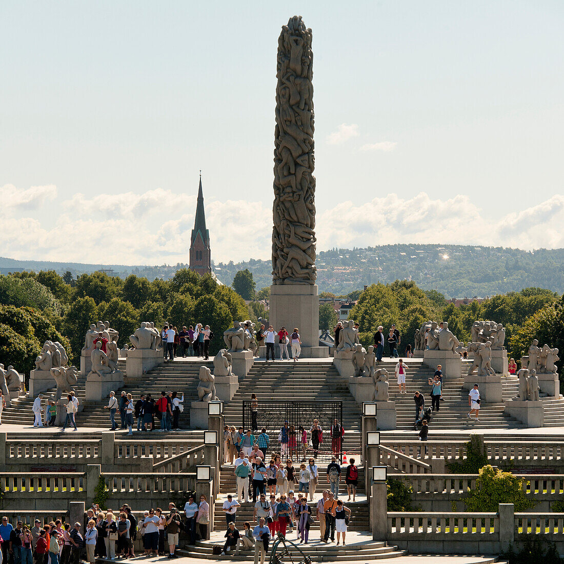 Crowd And The Monolith At Frogner Park Vigeland Sculpture Park; Oslo Norway