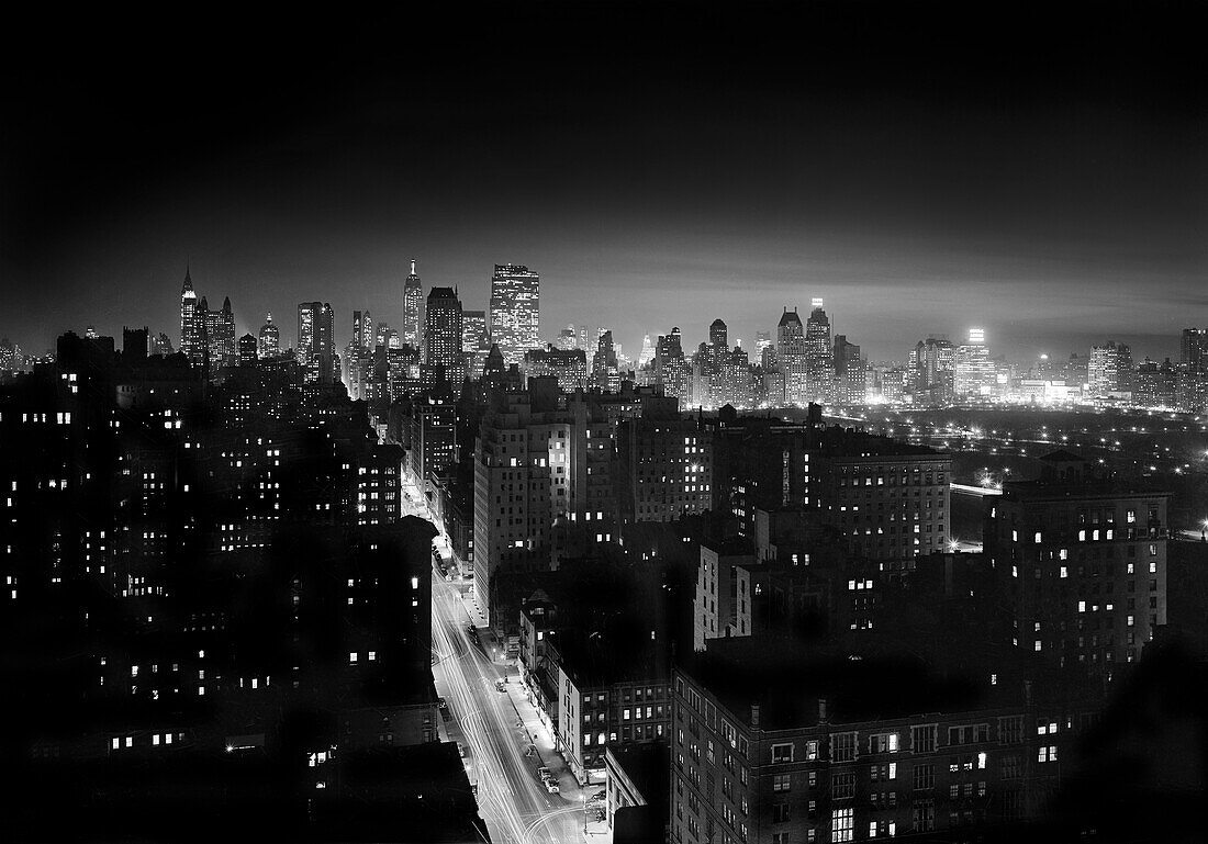 Cityscape at Night, view looking south from Carlyle Hotel, New York City, New York, USA, Gottscho-Schleisner Collection, 1937