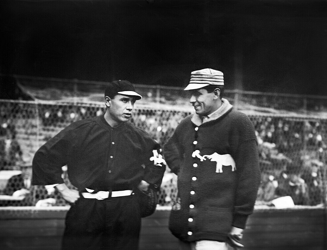 John Tortes "Chief" Meyers, New York Giants Catcher, and Charles Albert "Chief" Bender, Philadelphia Athletics Pitcher, World Series Game, Shibe Park, Philadelphia, Pennsylvania, USA, Bain News Service, 1911