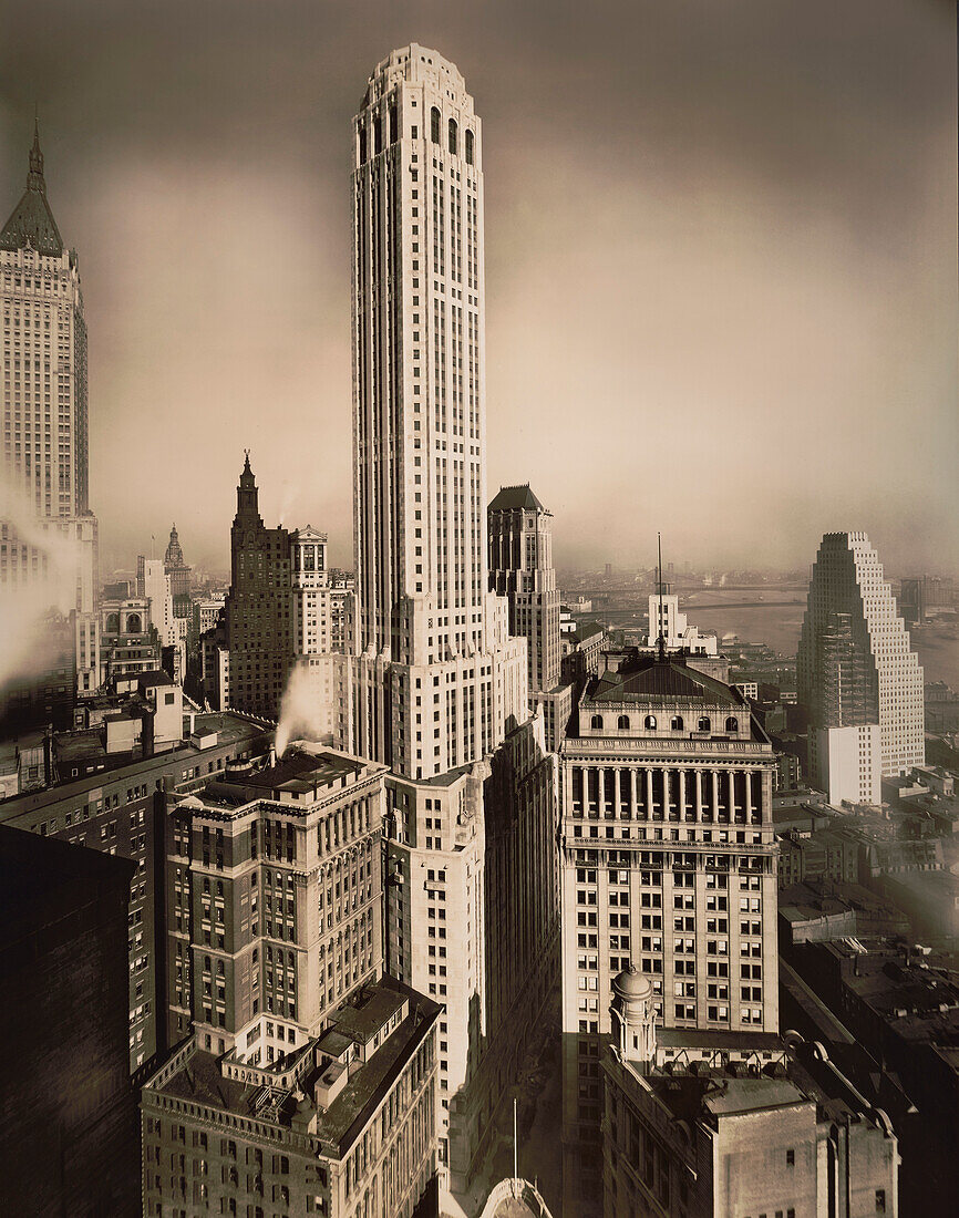 City Bank Farmers Trust Company Building, Far left: Bank of the Manhattan Company (40 Wall Street), far R: Cities Service Building (70 Pine Street), New York City, New York, USA, Irving Underhill, 1931