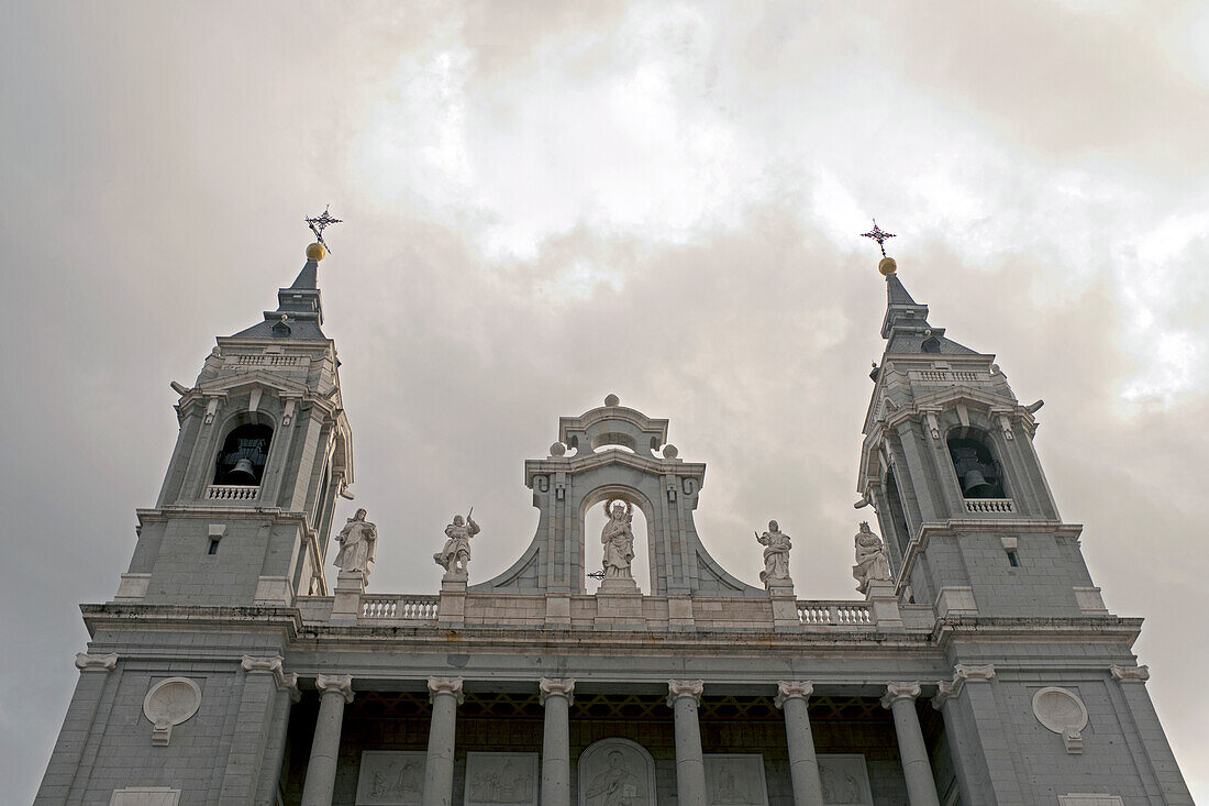Low Angle View of Almudena Cathedral Detail against Gray Sky, Madrid, Spain