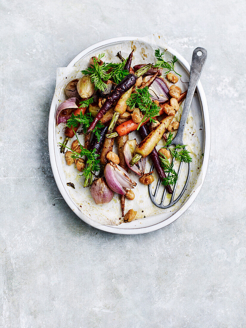 Roast rainbow carrots with shallots