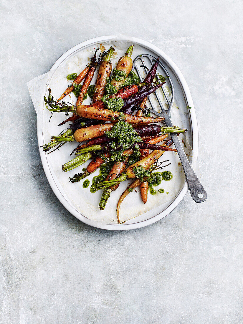 Roast carrots with carrot-top pesto