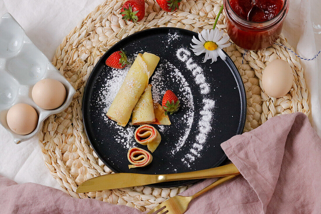 Pancake rolls with strawberry jam