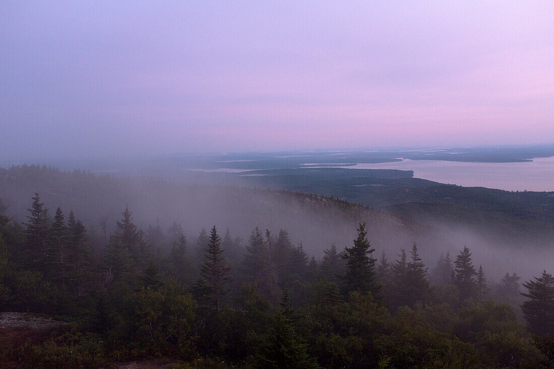 Foggy Landscape at Sunrise with Bar Harbor, Maine, USA in Distance
