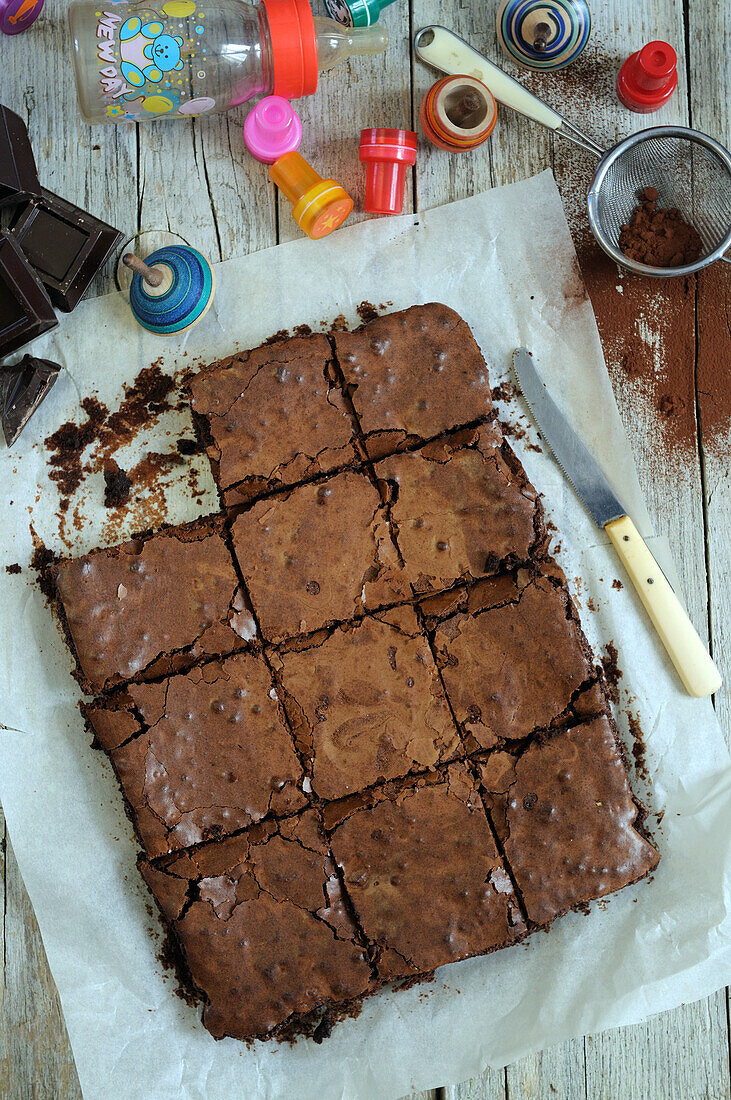 Brownies cut on parchment