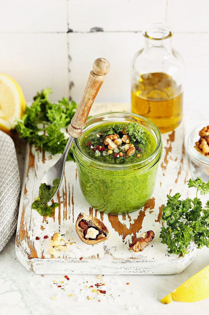 Simple vegan parsley walnut pesto