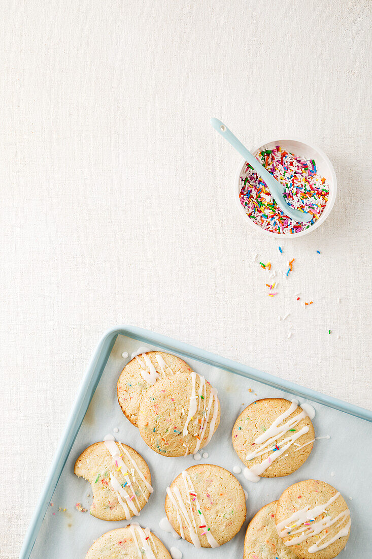 Sugar cookies with icing and sugar sprinkles