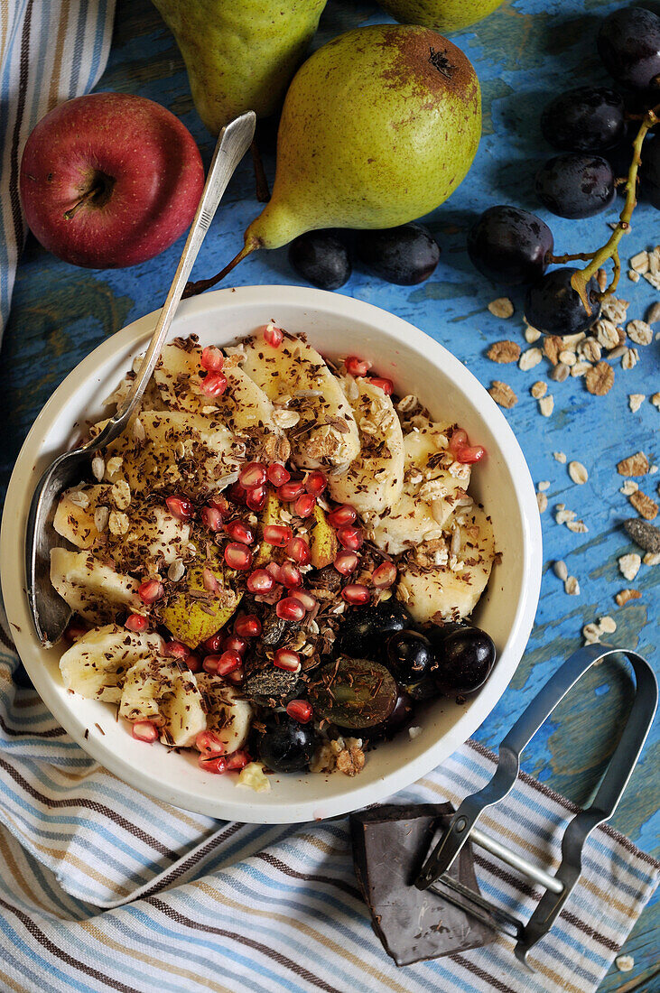 Breakfast Bowl with autumn fruit and chocolate