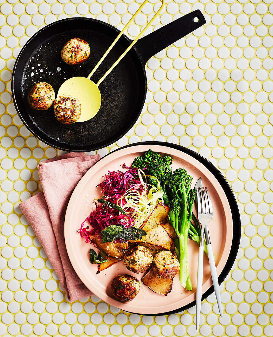 Turkey and sage meatballs with cabbage and broccolini