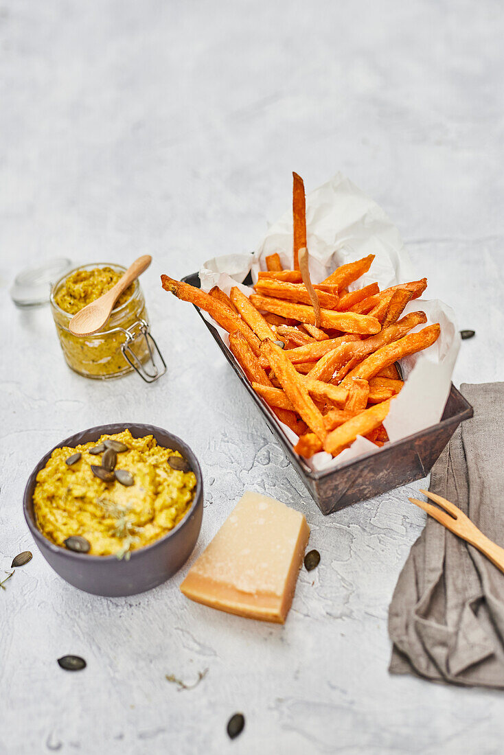 Sweet potato fries and pumpkin pesto