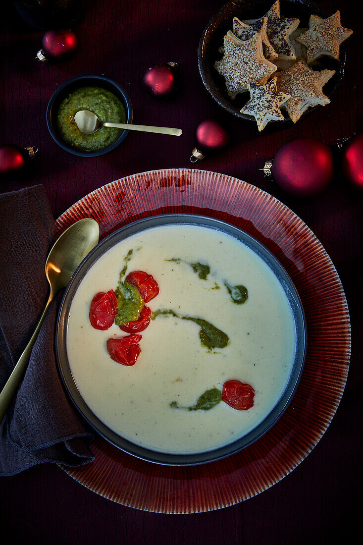 Pesto soup with tomatoes
