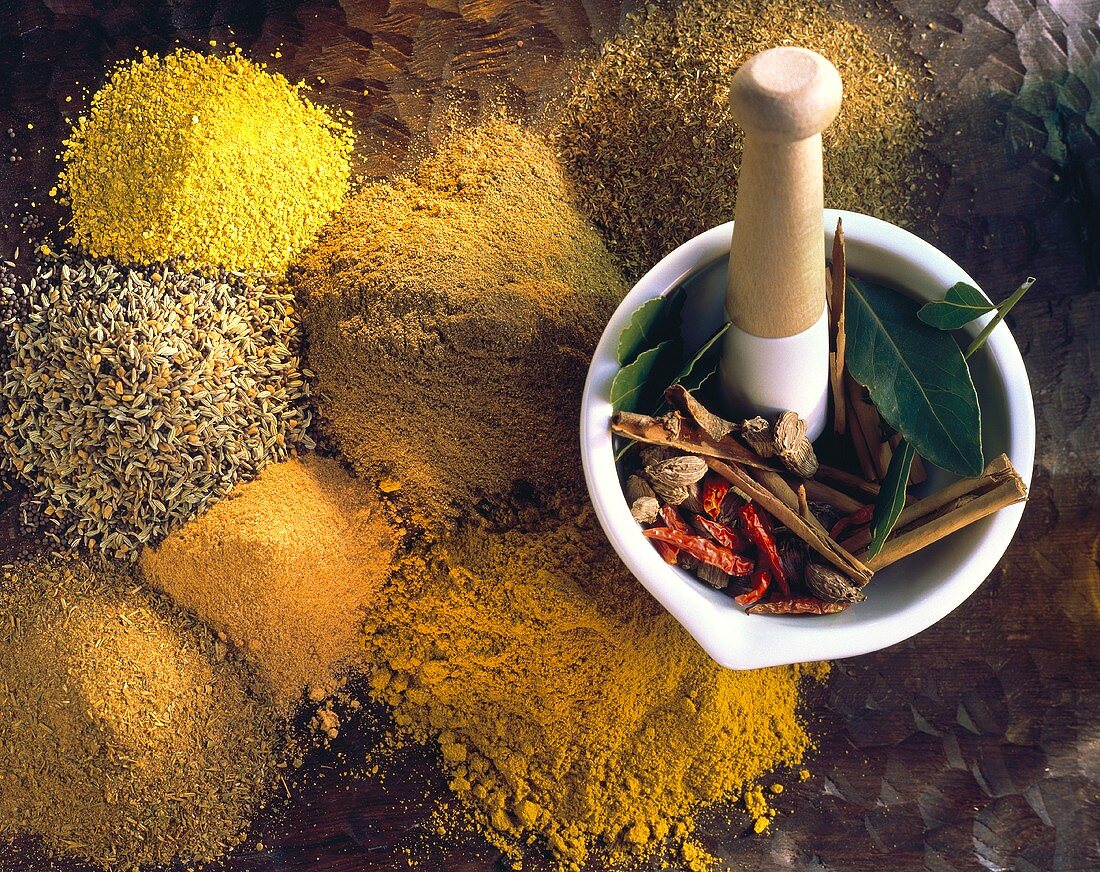 Spice Assortment with Mortar and Pestle