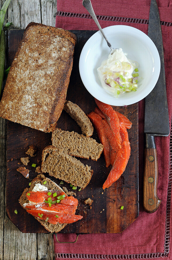 Homemade brown bread with smoked salmon and cream cheese