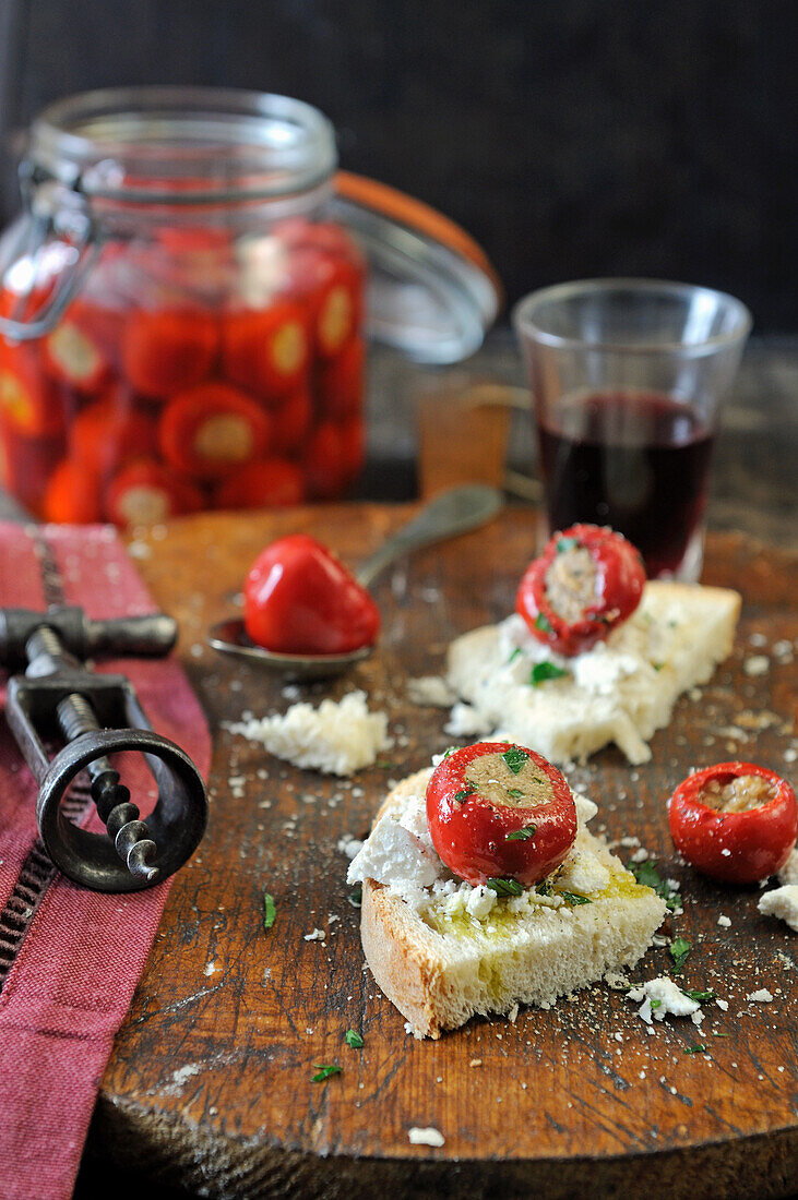 Stuffed Bonnet peppers on bruschetta with feta cheese