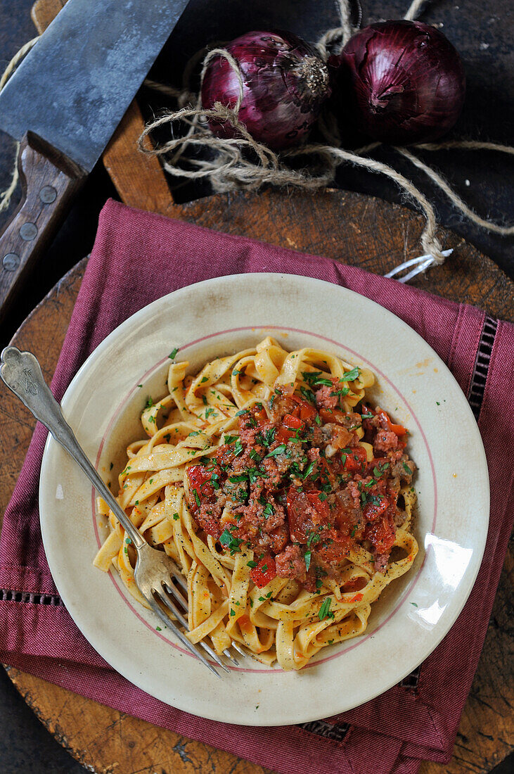 Homemade tagliatelle with meat sauce