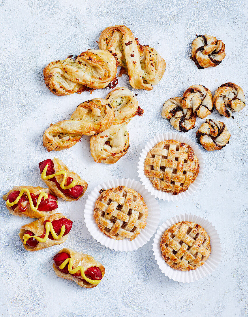 Pimped pastry - garlic cheese twists, jaffa spirals, hotdogs in blankets, cinnamon apple pies