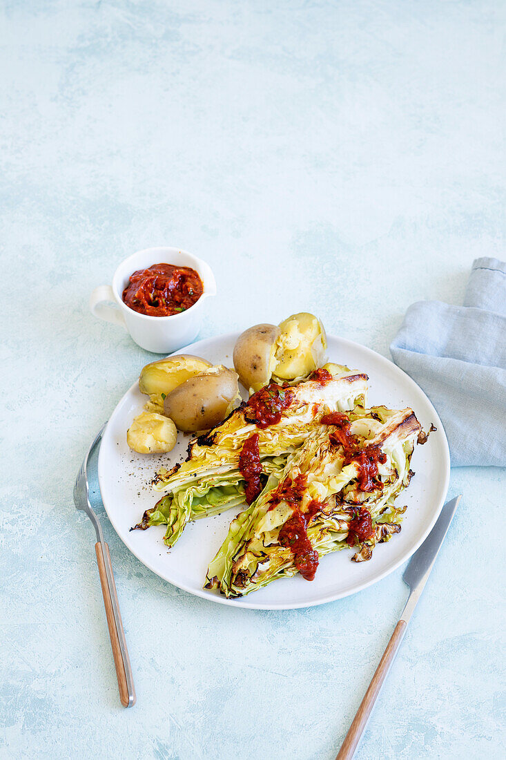 Roasted pointed cabbage with pepper sauce
