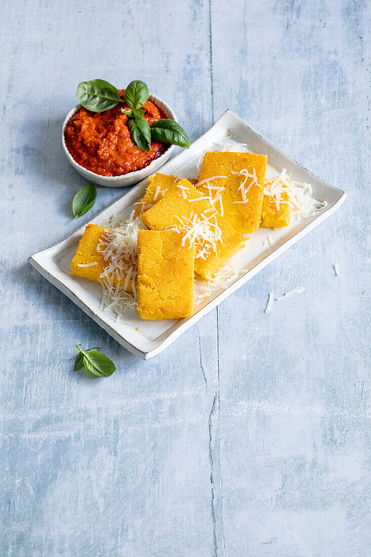 Polenta slices with parmesan and tomato sauce