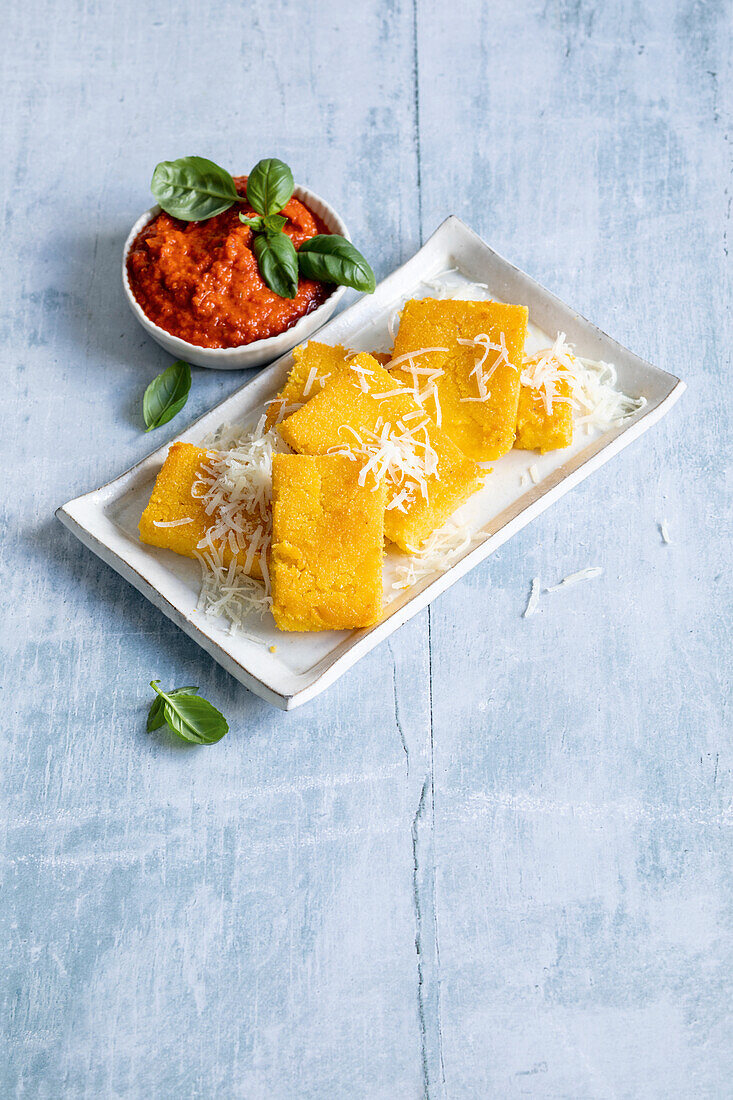 Polentaschnitten mit Parmesan und Tomatensauce