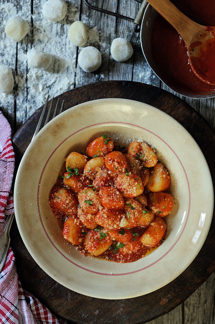 Homemade gnocchi with classic tomato sauce