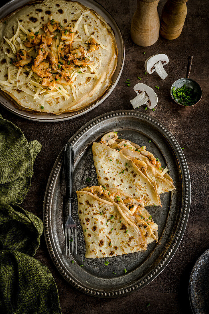 Savory pancakes with cheese and mushrooms