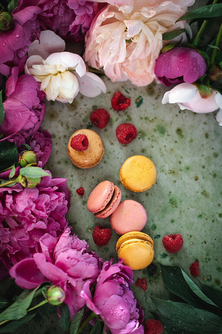Macarons with raspberries and peonies on a green background