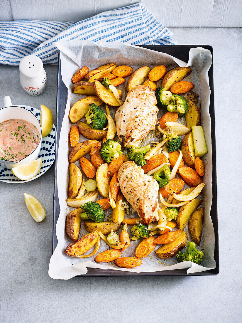 Oven baked vegetables with lemon chicken