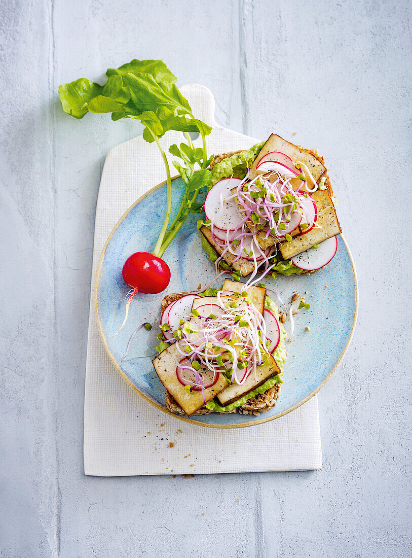 Vegan whole grain sliced bread topped with avocado, radish and sprouts