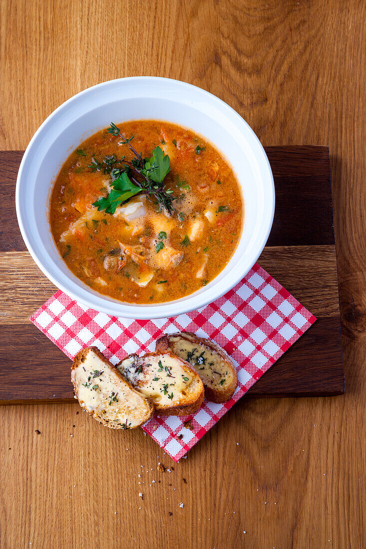 Bouillabaisse with garlic bread