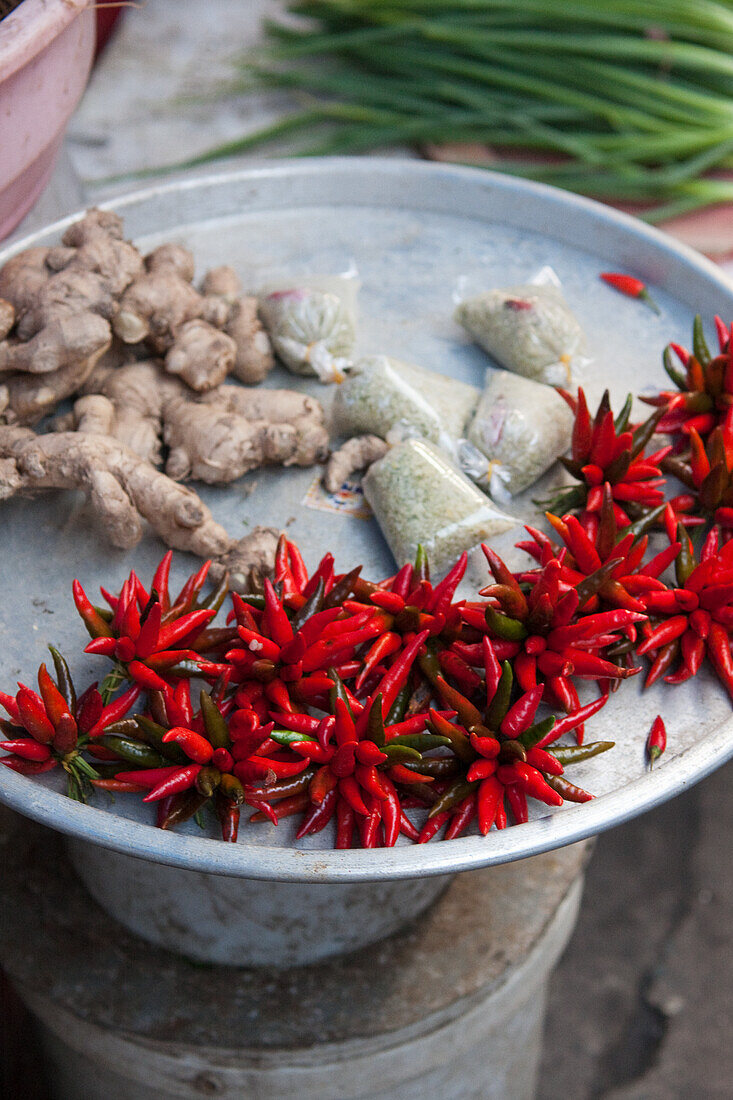 Chilies and ginger at an Asian market