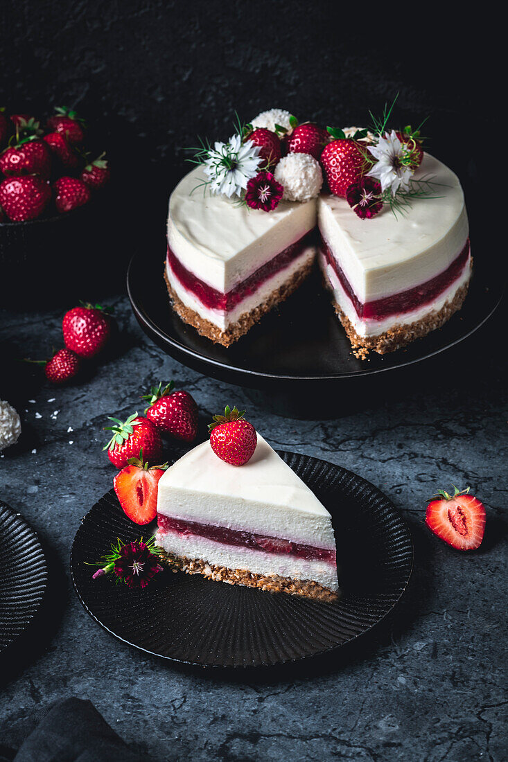 Strawberry and coconut cheesecakes
