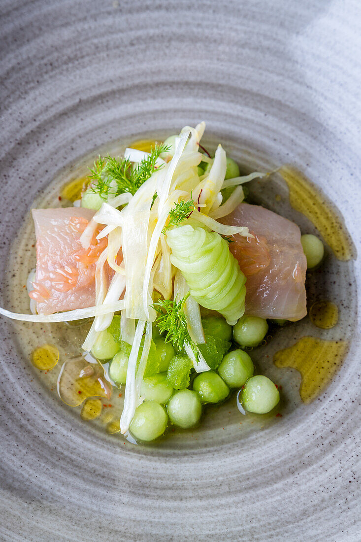 Salmon trout with cucumber pearls, dill, and fennel