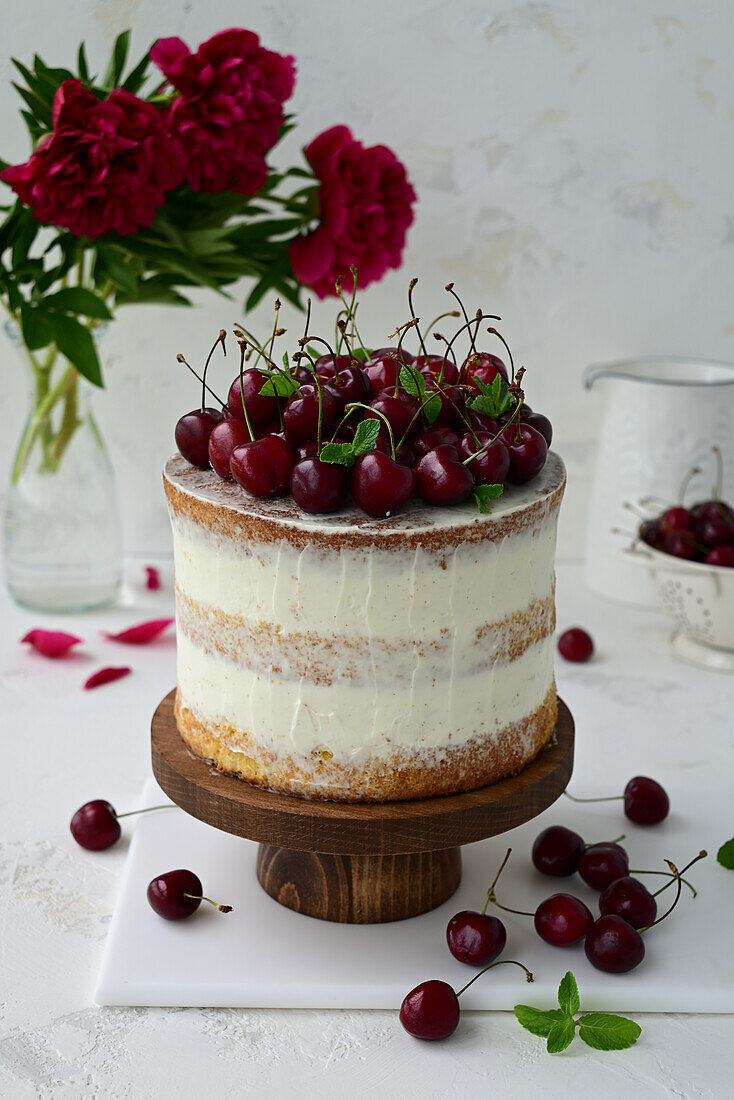 Biskuitkuchen mit Kirschmousse und Frischkäsecreme