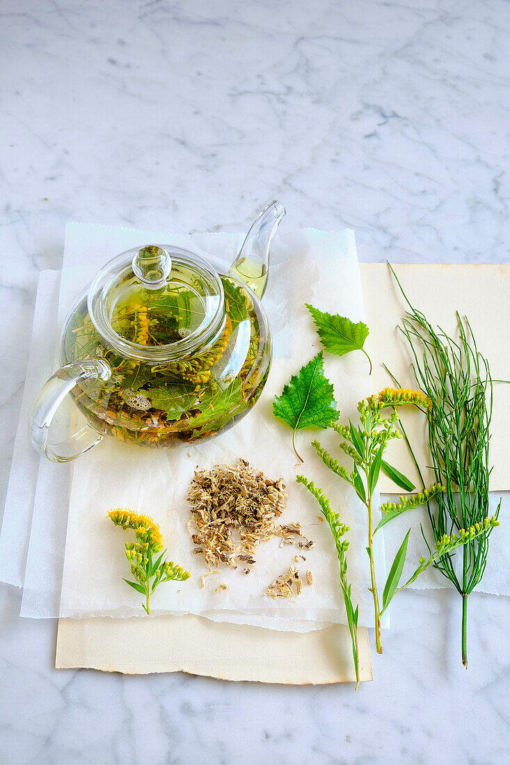 Bladder tea made from goldenrod, horehound, field horsetail, birch leaves and dandelion