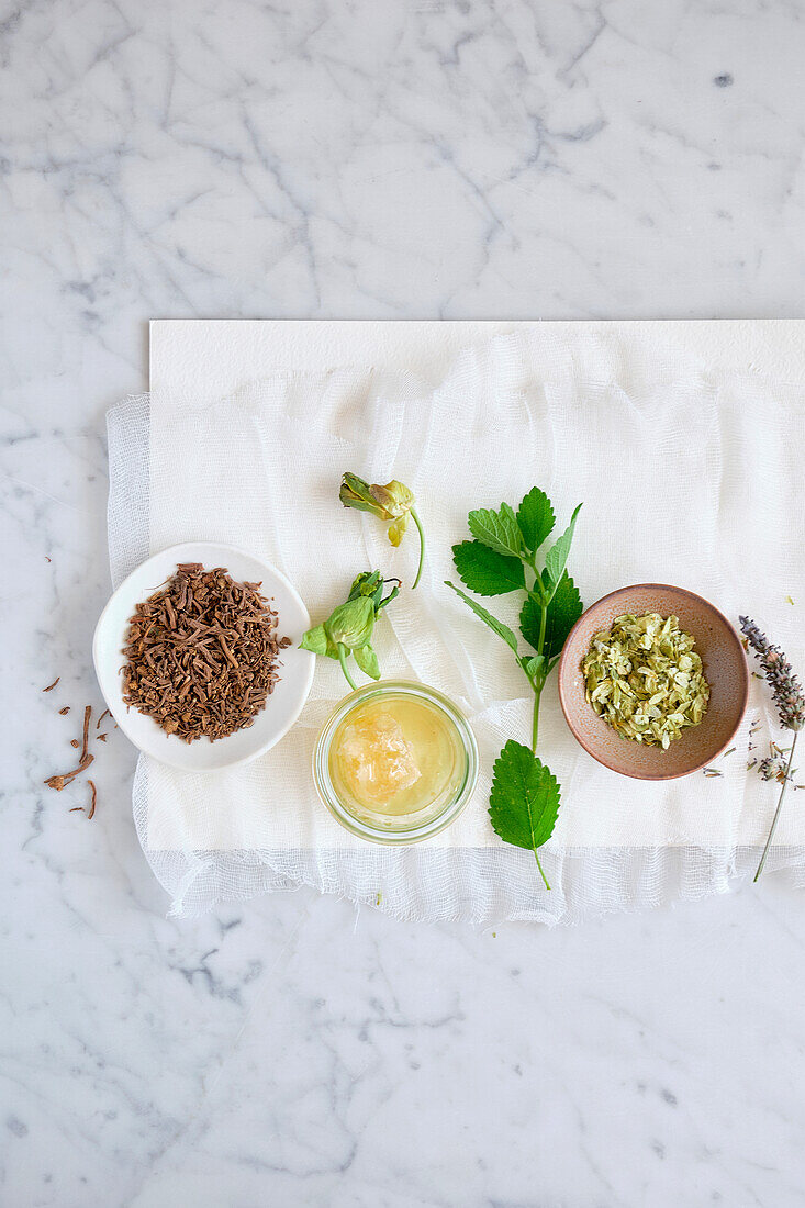 Sleep tea made from valerian root, passion flower, lemon balm, lavender and hop cones