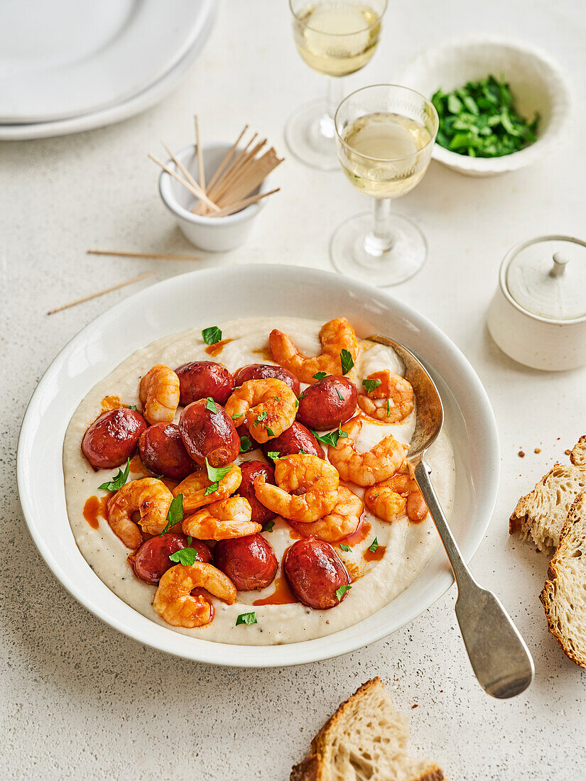 Warmer Dip aus weißen Bohnen mit Chorizo und Garnelen