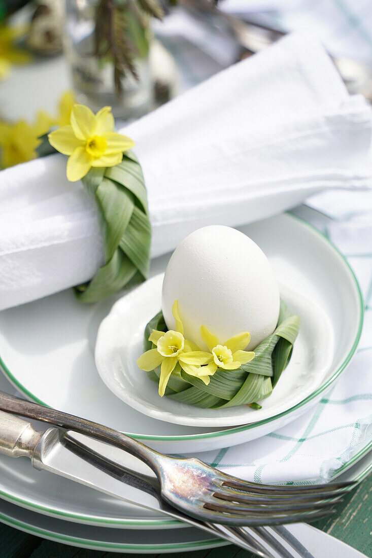 Osterfrühstück mit Ei und Deko aus Narzissen (Narcissus) auf grün-weißem Geschirr