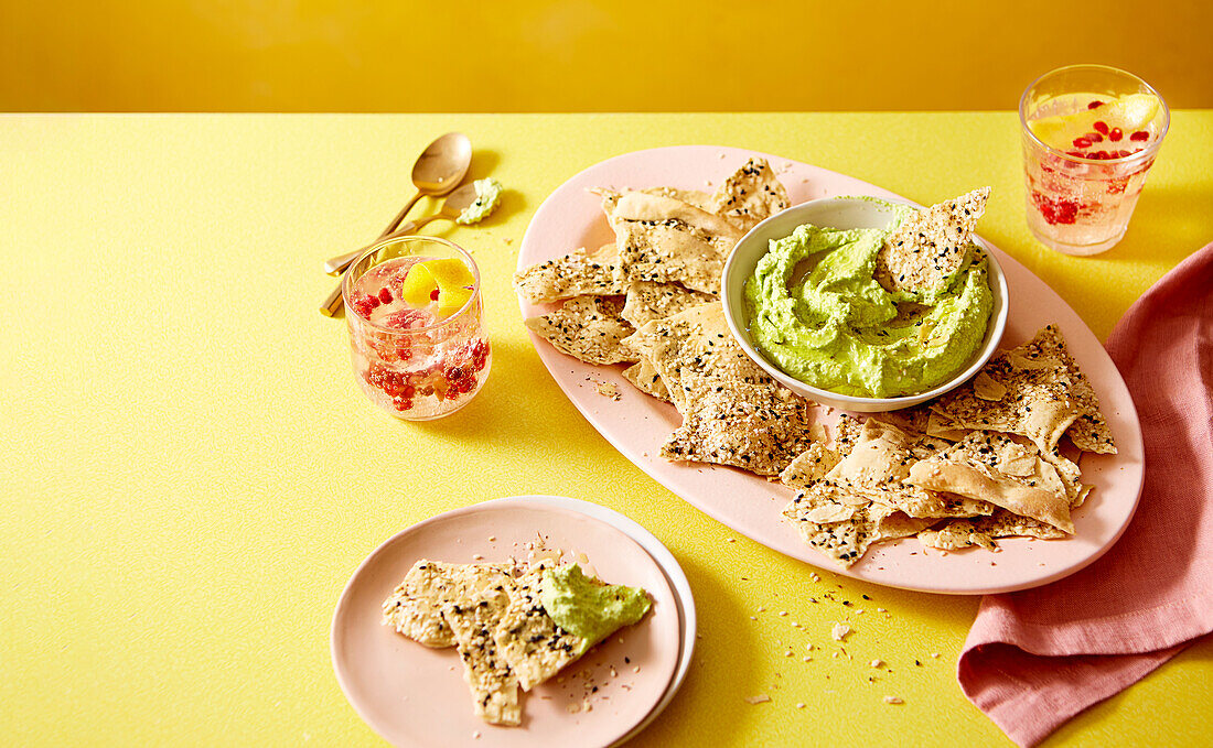 Broad bean hummus with za'atar and sesame crackers