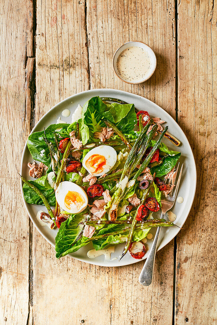 Tuna nicoise with 'charred' vegetables and kefir dressing