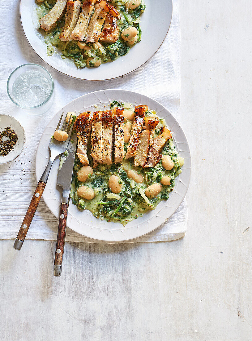 Pork chops with mustard butter beans